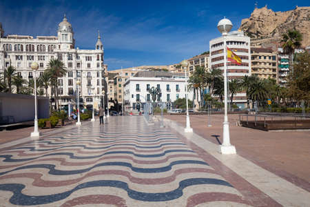 Alicante, province of Alicante, Spain - November 4, 2018: Promenade in the Marina with beautiful buildingsのeditorial素材