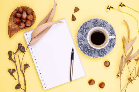 Autumn composition. Blank diary with spring and pen, headphones with autumn dry eucalyptus leaves, a...