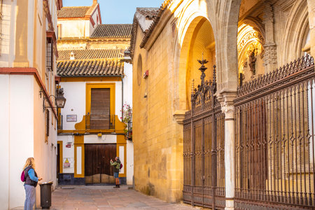 Cordoba, Andalusia, Spain - November 5, 2021: Facades of houses with tiled roofs and a beautiful wrought-iron fence with a pattern on an ancient building with arches in the Old Townのeditorial素材