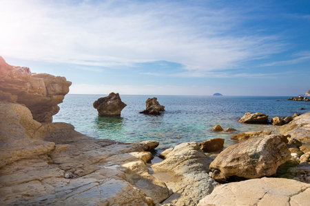 View of rocks, bays, clear sea - natural background, Spain, Costa Blancaの写真素材