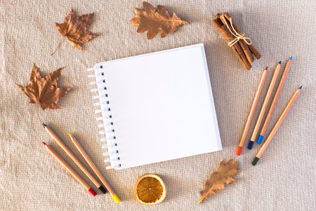 Autumn composition with an empty sketchbook, colored pencils, autumn dry leaves, dried orange, cinnamon on a background of linen fabric. Flat lay, copy space, fall concept.の写真素材