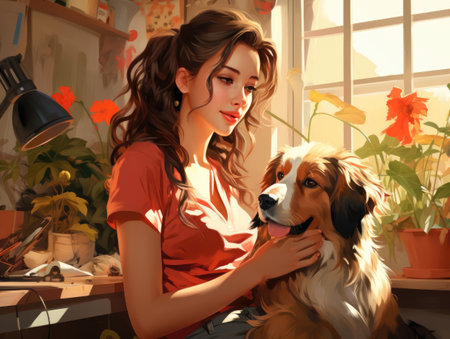 Portrait of a happy Caucasian girl with curly hair petting her Australian dog in the room against the background of the window, illustration styleの素材
