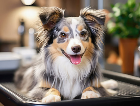 Portrait of an Australian Shepherd in a dog grooming salon. Happy friendly Aussie lies and looks at the camera with her tongue hanging outの素材