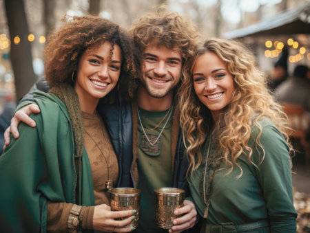 A young guy with curly hair and two girls in Celtic Viking clothes drink beer from cups at a reenactment festivalの素材