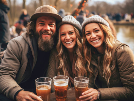 Two young beautiful Caucasian twin sisters in knitted hats and long hair and a man with a beard in a hat are drinking beer and having fun at a music festivalの素材