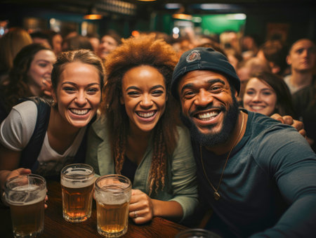 Young Caucasian girl and African American couple with beer standing at the counter enjoying a party in a nightclub, bar.の素材