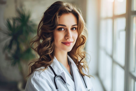 Close-up portrait of a Caucasian smiling young female doctor in a lab coat with a stethoscope on a window background looking at the cameraの素材