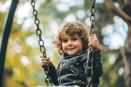 A little boy rides on a swing in a public park on an autumn day. Outdoor activities.の素材