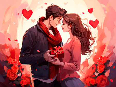 Happy couple in love on Valentine's Day, Young man and girl giving each other gifts on a background of hearts and rose flowers.の素材