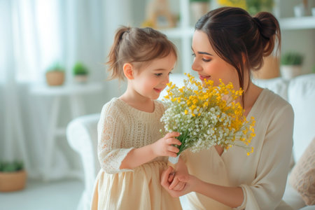 Happy little girl daughter giving bouquet of wild flowers to mother sitting on sofa on Mother's Day, copy spaceの素材