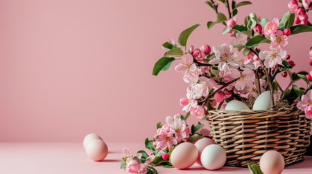 Congratulatory Easter pink background with wicker basket with Easter eggs and apple tree flowers. Banner with copy space.の素材