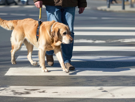 A guide dog of the Labrador Retriever breed helps a blind man at a pedestrian crossing on the roadの素材