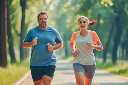 A young overweight Caucasian man runs with his trainer or girlfriend in the park in the summer. Weight loss conceptの素材