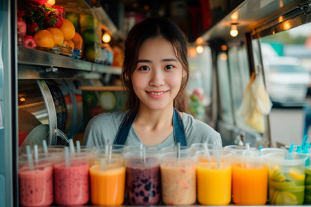 Young Asian smiling girl selling smoothies and juices for takeaway in food truck, small business conceptの素材