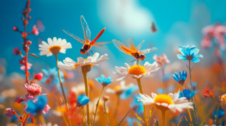 Wild flowers and butterflies on a meadow in nature in the rays of sunlight in summer or spring. Scenic summer art background with soft focus, low angleの素材