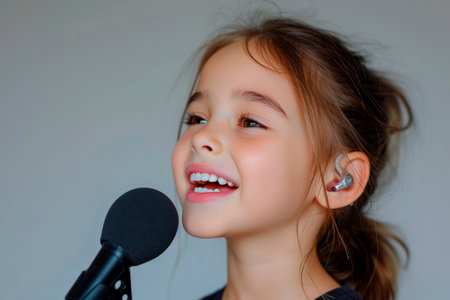 Portrait of a Caucasian happy little girl with a hearing aid behind her ear who sings into a microphone, full life of people with hearing problemsの素材