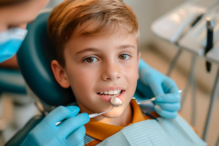 Smiling Caucasian school age child boy at a dentist's appointment, performing a dental examination in a medical clinic, close-upの素材