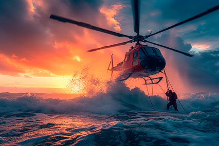 A helicopter with a rope rescues a man on the water during a storm against a red dramatic sky. Concept for civil defense and emergency servicesの素材
