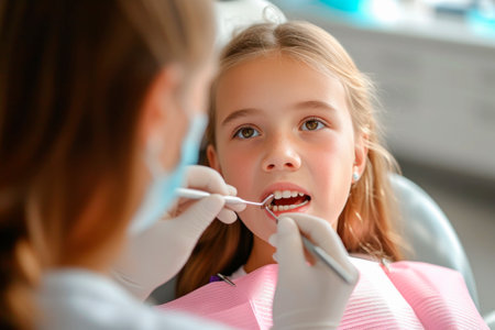 Dentist performing dental examination on teenage girl in medical clinic, close-upの素材