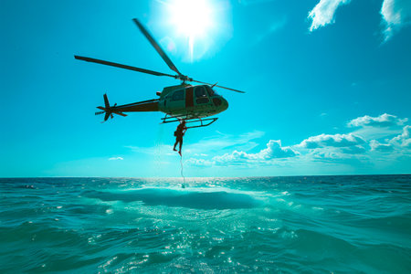A helicopter with a cable rescues a man on the water during a storm. Concept for civil defense and emergency servicesの素材