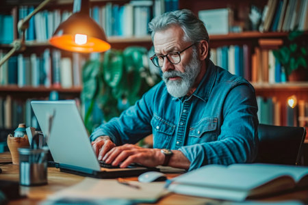 Serious elderly concentrated gray hair bearded man, writer, researcher, businessman wearing glasses looking at device screen and working on laptop while sitting at table in home officeの素材