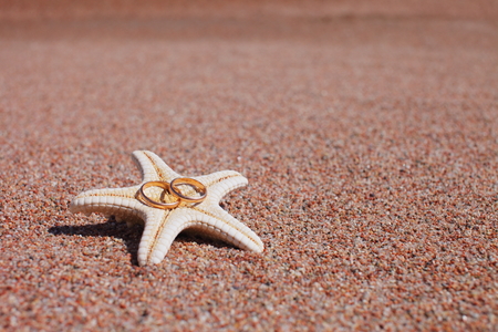 Starfish on the beach with wedding ringsの写真素材