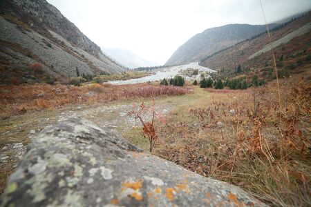 A waterfall with a mountain in the backgroundの写真素材