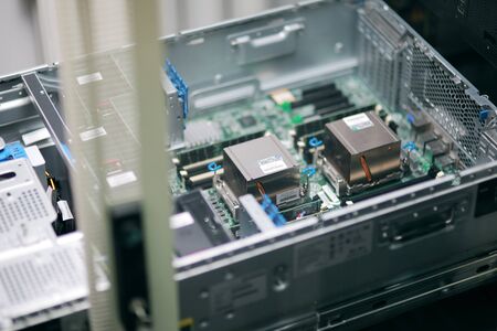 Network Ethernet Cables. Network switch with optical and ethernet connected wires. High quality photoの写真素材