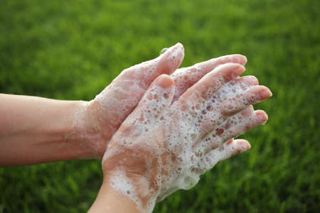Washing hands rubbing with soap man for corona virus prevention, hygiene to stop spreading...