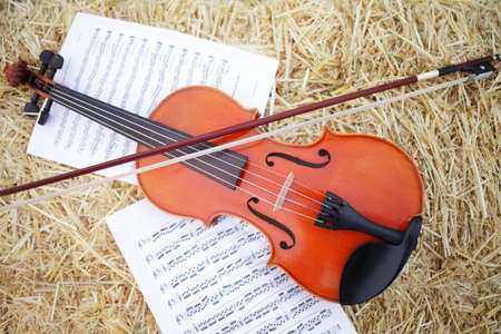 One violin and bow placed on a pile of straw in the field. Music Violin training. Fiddlestick, performing. Concept, baroque. Musical, fiddle.の写真素材
