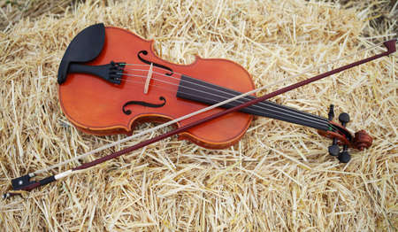 One violin and bow placed on a pile of straw in the field. Music Violin training. Fiddlestick, performing. Concept, baroque. Musical, fiddle.の写真素材