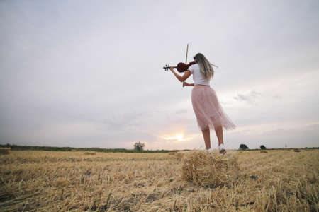 Beautiful romantic girl with loose hair playing the violin in the field after the harvest. Square sheaves of hay in the field. Violin trainingの写真素材