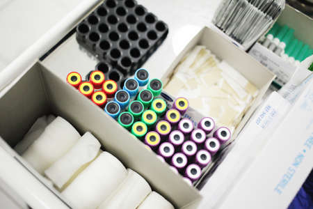 Medical test tubes with colored caps for various tests of blood and other liquidsの写真素材