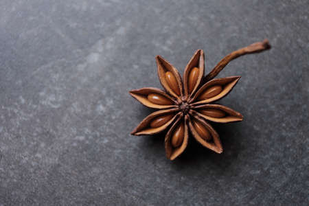 Fragrant star anise stars on a gray concrete countertop. High quality photoの写真素材