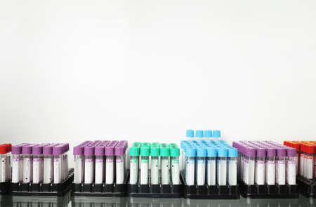 Medical test tubes with colored caps for various tests of blood and other liquidsの写真素材
