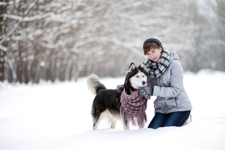 Girl sitting in the snow with a siberian husky dog in the winter forestの写真素材