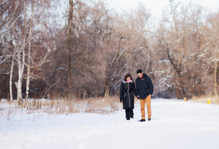 Young couple walking through the winter forest holding handsの写真素材