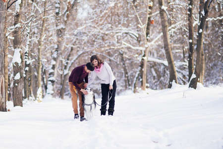 Young couple smiling and having fun in winter park with their husky dog.の写真素材