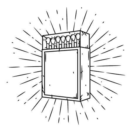 Hand drawn vector illustration with a matches box and divergent rays. Matches in a matchboxのイラスト素材