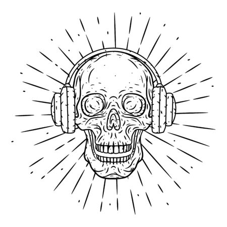 Hand drawn vector illustration Skull with headphones and divergent rays. Cartoon skullのイラスト素材
