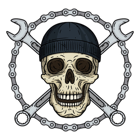 Vector illustration of human skull in black hat with two crossed wrenches and chaun. Vector skull with spanner.のイラスト素材