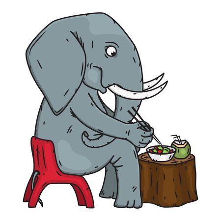 Cartoon elephant sitting on a chair and eating lunch. Elephant. Vector illustration.のイラスト素材