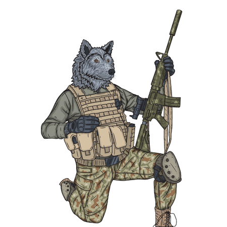 The wolf soldiers in uniform and with a gun.のイラスト素材