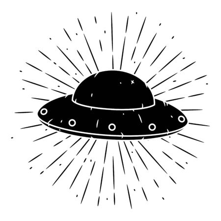 Vector illustration with a UFO and divergent rays on blackboard. Used for poster, banner, web, t-shirt print, bag print, badges, flyer, logo design and more. Cartoon UFOのイラスト素材