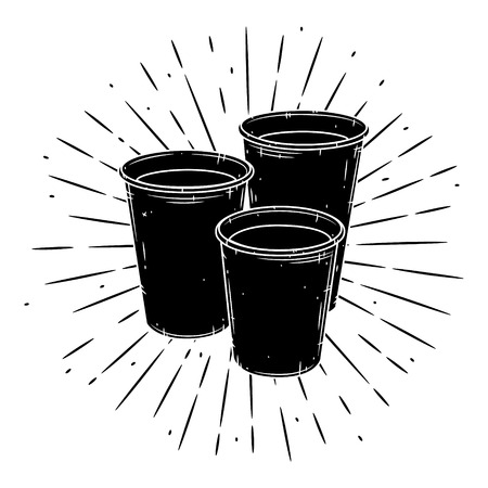 Hand drawn vector illustration with set of paper coffee cup and divergent rays.のイラスト素材