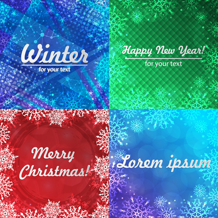 Winter backgrounds set. Winter frame with snowflakes. Christmas Greeting Card. New Year background with space for your text. Winter template. Christmas backdrop. New Year flyer.のイラスト素材