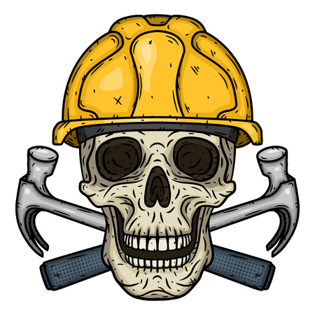Skull Builder. Skull in helmet with two crossed hammers. Workers skull.のイラスト素材