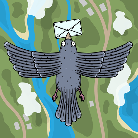 Carrier pigeon. Pigeon postman with a letter in his beak. Top view.のイラスト素材