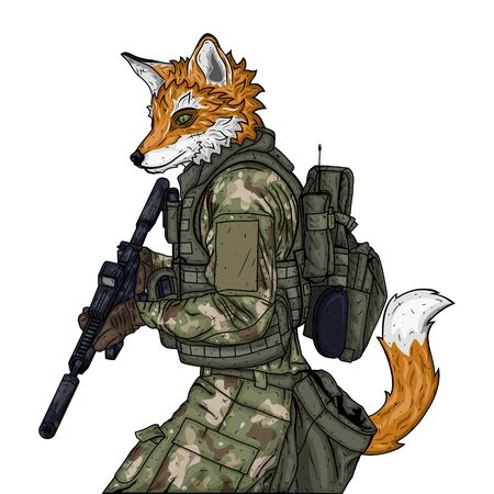 Fox soldier character. Vector illustration isolated on white background.のイラスト素材