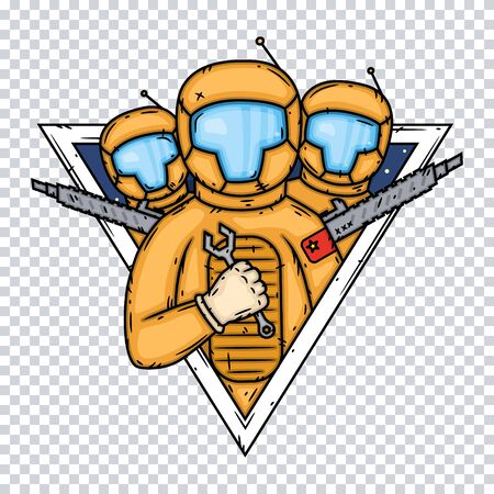 Chinese astronauts with weapons and tools on the background of space.のイラスト素材